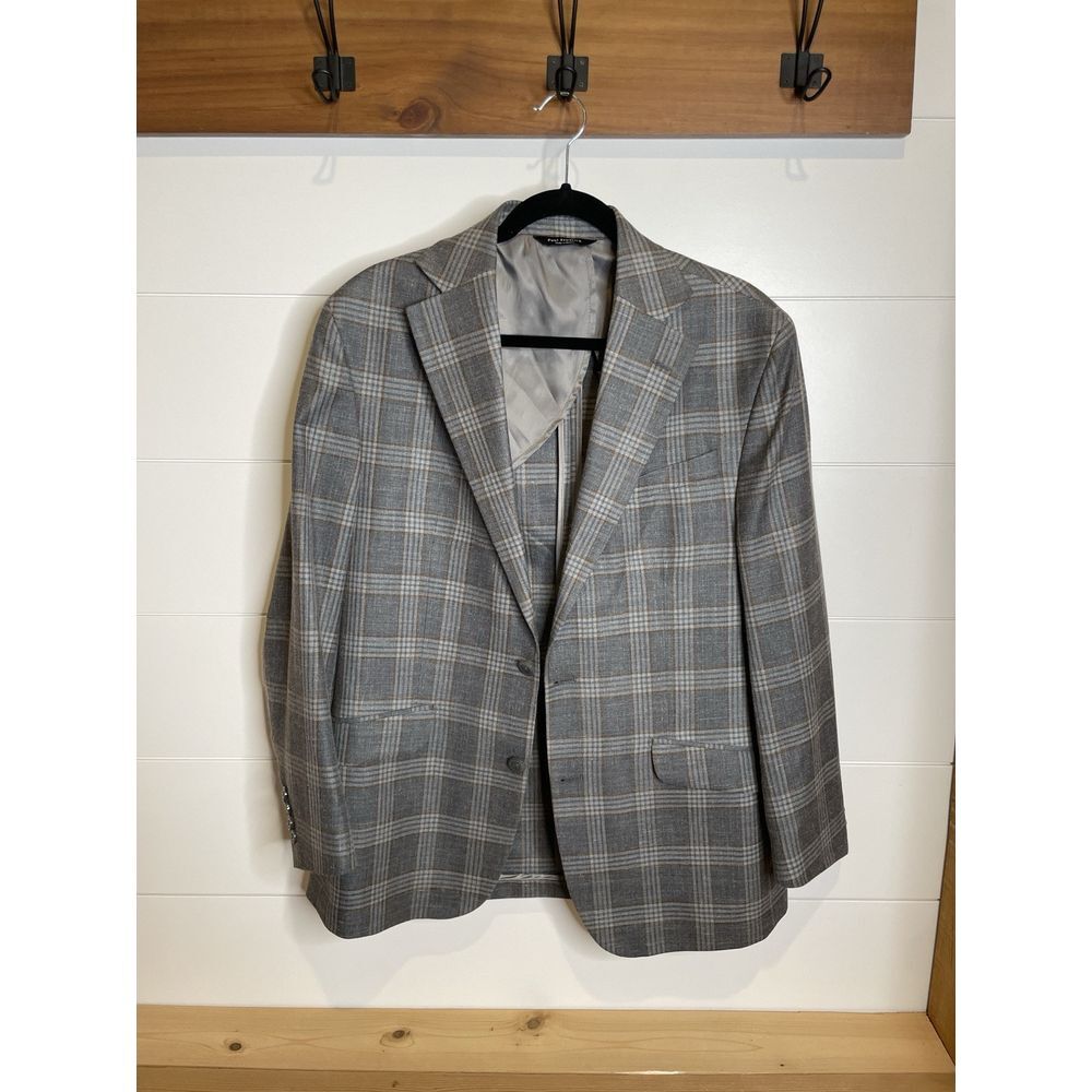 Paul Fredrick Linen, Wool & Silk Plaid Suit Jacket  Gray Windowpane Plaid  40 R